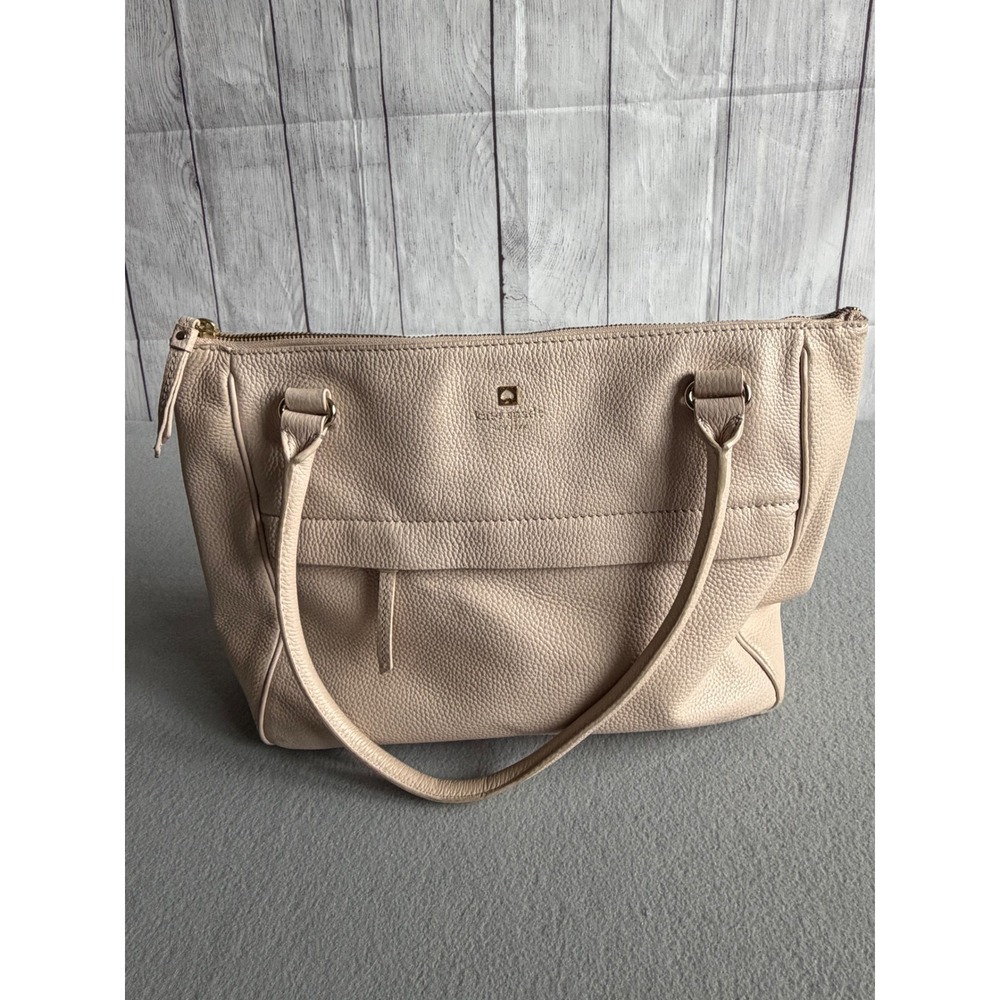 Kate Spade New York Pebbled Leather Tote Bag Beige Nude Shoulder Bag Zip Top